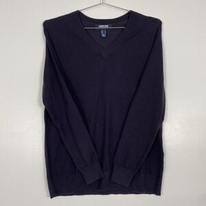 Lands' End Sweater Mens Medium Navy V Neck Knit Pullover Classic Acrylic Nylon